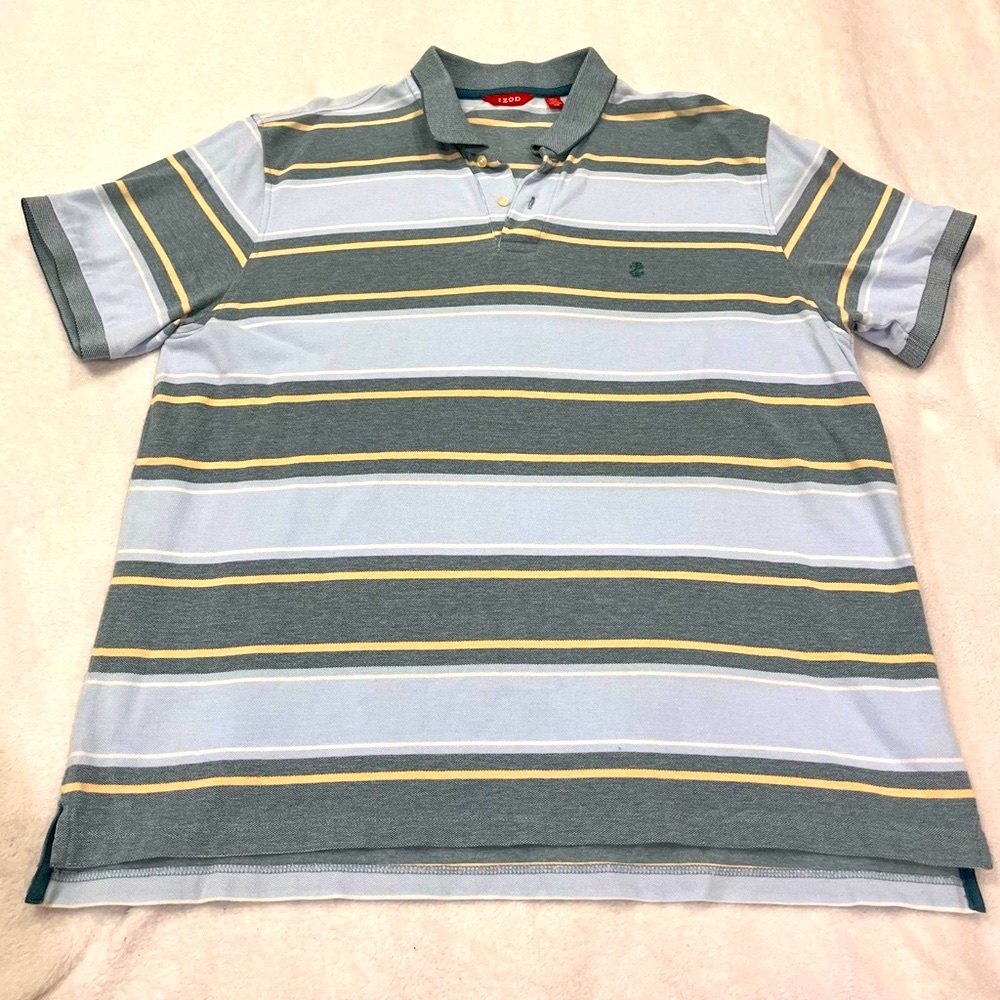 Izod Men's Polo Shirt - Blue, Gray, and Cream Stripes